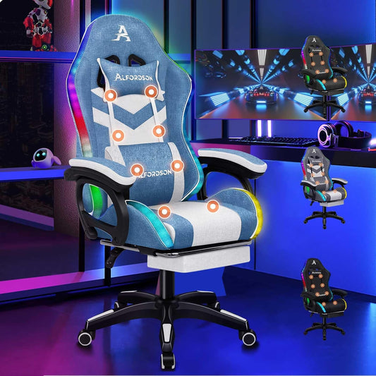 ALFORDSON Gaming Chair with 8-Point Massage, 12 Colours RGB LED Light, Ergonomic Office Chair with Footrest, Headrest and Lumbar Cushion for Children and Adults, Fabric, Blue and White - QUORE