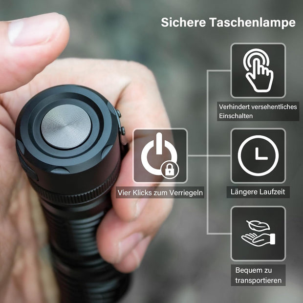 Zaklamp - Tactische Zaklamp - EDC Zaklamp - Superheldere - Oplaadbare - Draagbare - met USB-C-staart - E-Schakelaar - voor Zoeken - Wandelen - Noodsituatie - 5200Lm - 5000 mAh - ‎IPX7 - Zwart