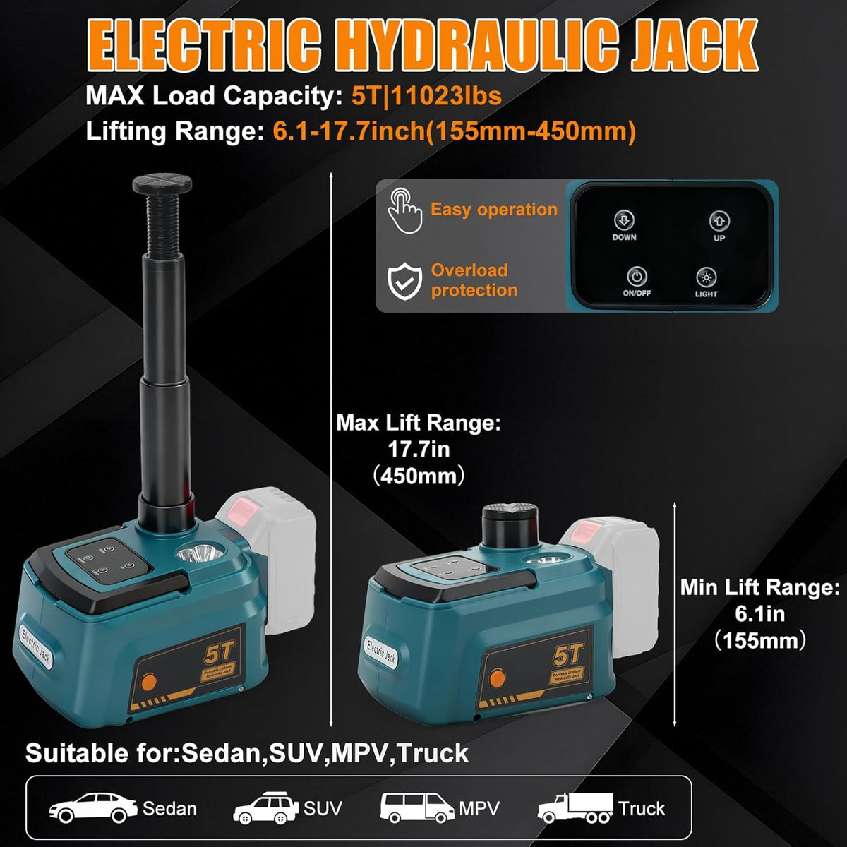 Elektrische hydraulische krik, 5T, compatibel met Makita 18 V accu, 220 W krik, hefbereik 15-45 cm, draadloze bandenwisselset voor auto, SUV, MPV, garagereparatie (zonder batterij)