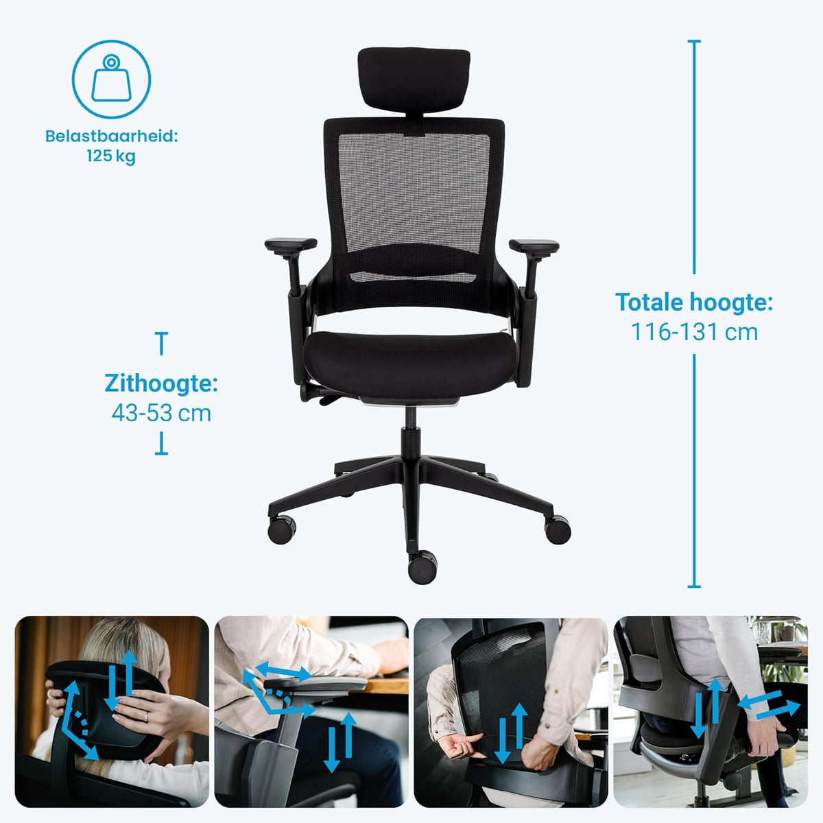 Ergonomische Bureaustoel – Bureaustoel Ergonomisch – Draaistoel – Directiestoel – Kantoormeubelen – Verstelbare lendensteun – 3D-armleuningen – Mesh rugleuning – Neksteun