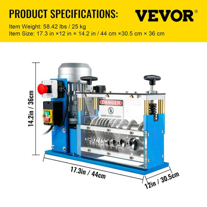 VEVOR Elektrische stripmachine 370 W 1,5 mm - 38 mm kabel stripper machine draden 11 kanalen 10 messen voor het recyclen van koperdraden/verwijderen kunststof isolatie rubber