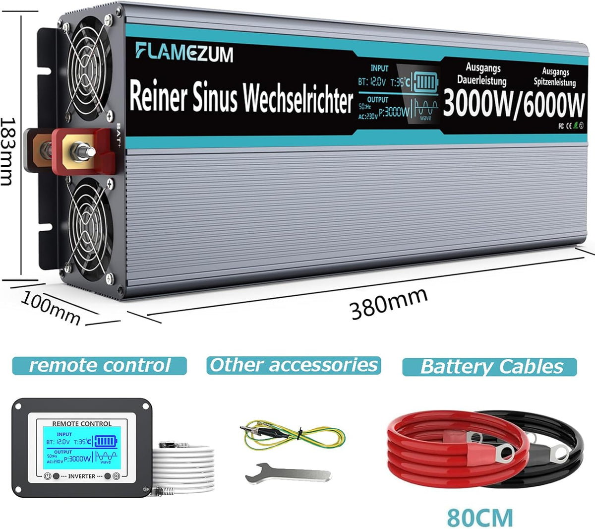 <font dir="auto" style="vertical-align: inherit;"><font dir="auto" style="vertical-align: inherit;">        FLAMEZUM 3000W Inverter 12V to 230V Pure Sine Wave Voltage Converter with Remote Control, LED Display, 2 EU AC Sockets, and 2 USB Ports for Cars, C