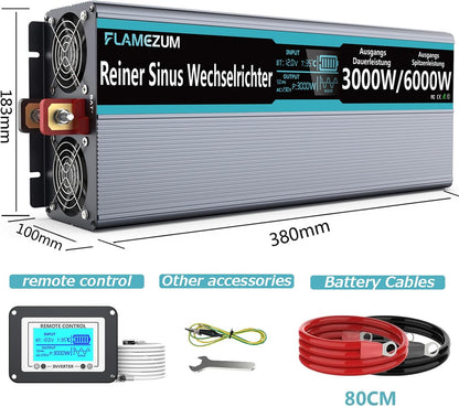 <font dir="auto" style="vertical-align: inherit;"><font dir="auto" style="vertical-align: inherit;">        FLAMEZUM 3000W Inverter 12V to 230V Pure Sine Wave Voltage Converter with Remote Control, LED Display, 2 EU AC Sockets, and 2 USB Ports for Cars, C