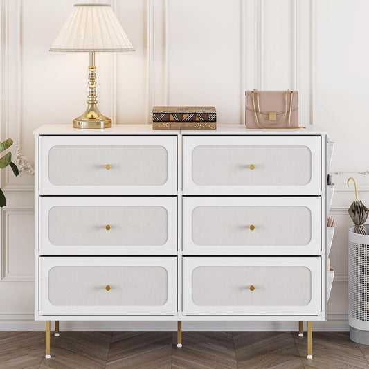Hzuaneri Chest of Drawers 110 cm, Cabinet with 6 Fabric Drawers, Multifunctional Dresser with Fabric Bag, Metal Frame, 30 x 110 x 85 cm, for Living Room and Bedroom, Modern, White Gold DU25813AW