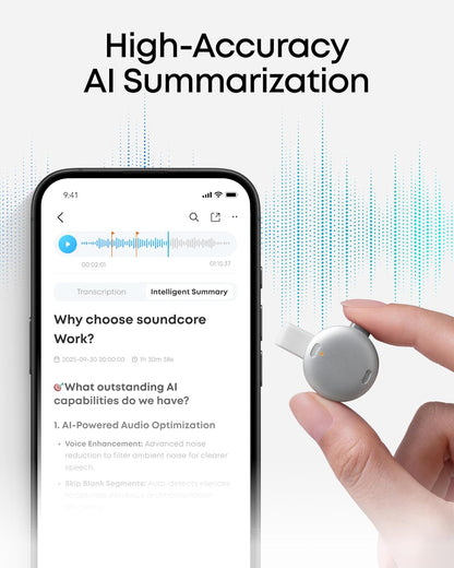 soundcore Work van Anker, draagbare AI-recorder met transcriptie en samenvatting, overzicht van meerdere vergaderingen, dubbeltikken voor markering, ultracompact, veilige gegevens, lange batterijduur