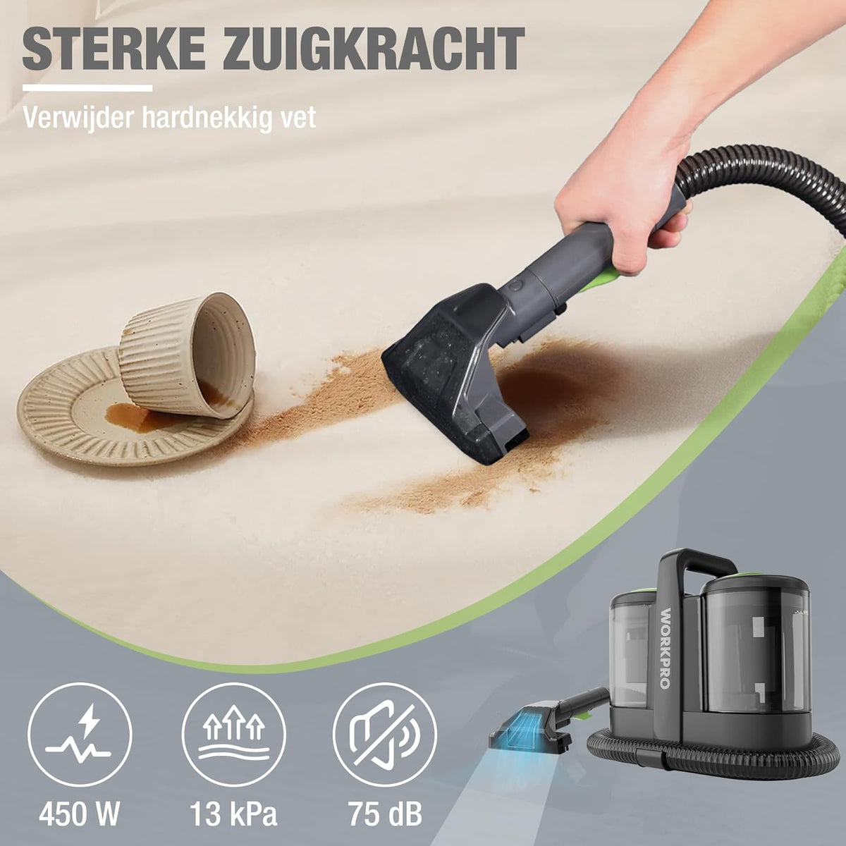 WORKPRO Tapijtreiniger 450W 13kPa, Waszuiger 1,6L met Reinigingsmiddel en 2 Borstelkoppen, Bekledingreiniger voor Tapijt, Bank, Auto