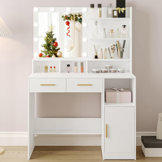 Hzuaneri Dressing Table with Mirror And 10 LED Lamps, Makeup Table with 3 Shelves and 4 Open Compartments, Dressing Table with 2 Drawers and Cabinet, 3 Adjustable Luminosities, WhiteDT32503X - QUORE