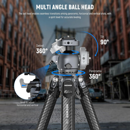 NEEWER LITETRIP LT38 61" reisstatief camera, draagbare standaard van koolstofvezel, 360° kogelkop, Arca type snelkoppelingsplaat compatibel met Peak Design Clip V3, max. belasting 22 lb
