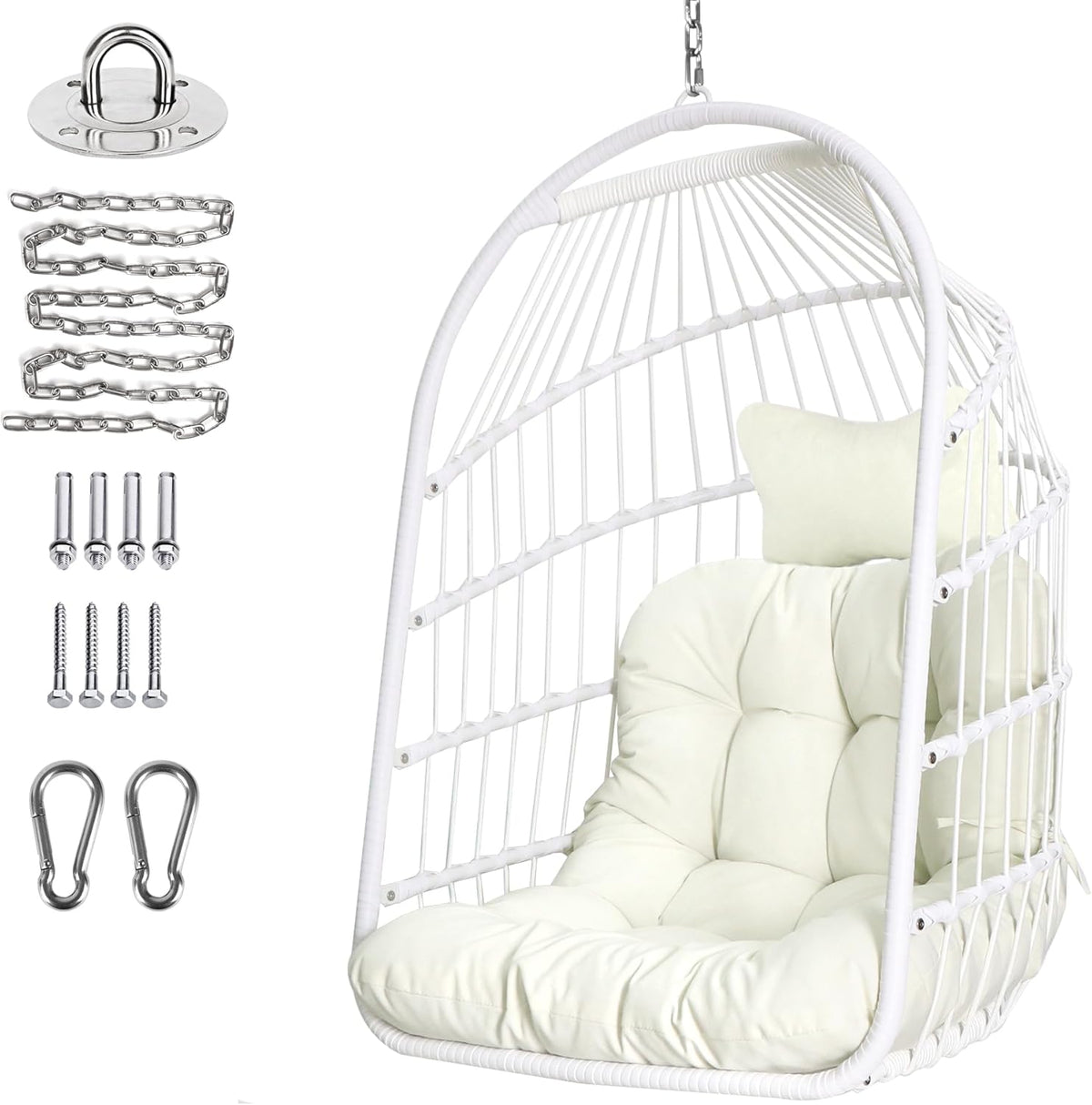 Chihee Opvouwbare rieten rotan hangstoel schommel - binnen/buiten patio rieten hangstoel met roestvrijstalen hangset ketting schakel UV-bestendig kussen voor slaapkamer/balkon