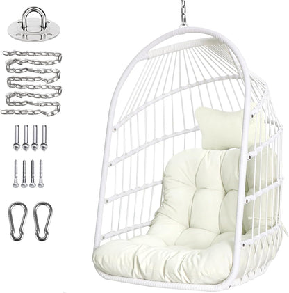 Chihee Opvouwbare rieten rotan hangstoel schommel - binnen/buiten patio rieten hangstoel met roestvrijstalen hangset ketting schakel UV-bestendig kussen voor slaapkamer/balkon