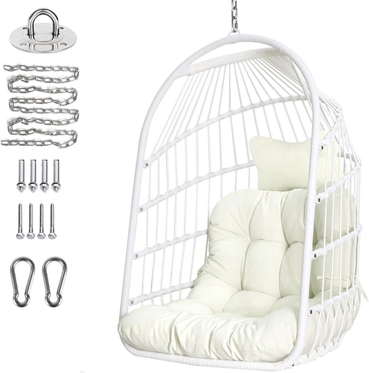 Chihee Opvouwbare rieten rotan hangstoel schommel - binnen/buiten patio rieten hangstoel met roestvrijstalen hangset ketting schakel UV-bestendig kussen voor slaapkamer/balkon