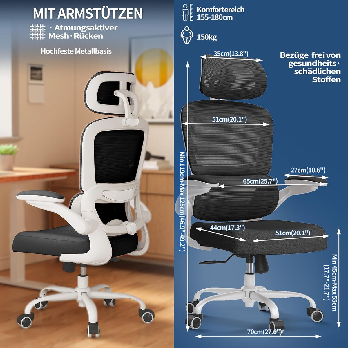 TRALT Bureaustoel Ergonomisch - Bureaustoel met Verstelbare Lendensteun Hoofdsteun Gaming Stoel - Office Chair - Bureaustoel Thuiskantoor Stoel Ergonomisch 150kg voor Grote Mensen Wit-Zwart