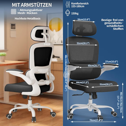 TRALT Bureaustoel Ergonomisch - Bureaustoel met Verstelbare Lendensteun Hoofdsteun Gaming Stoel - Office Chair - Bureaustoel Thuiskantoor Stoel Ergonomisch 150kg voor Grote Mensen Wit-Zwart