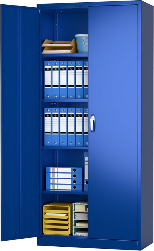 Metalen opbergkast met 2 deuren en 4 verstelbare planken, 180 cm hoge stalen kast voor magazijn, garage, huis, kantoor, eenvoudig te monteren vereist (blauw)