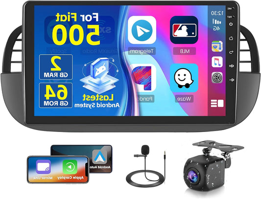 2+64G Radio for Fiat 500 2007-2015 Android with Wireless CarPlay Android Auto, 9'' Car Screen Soporta Bluetooth WIFI 26UI GPS FM EQ SWC AHD Rearview Camera (Dark) - QUORE