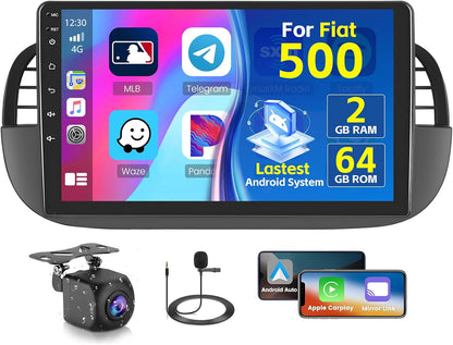Android Autoradio Fiat 500 – Multimedia Systeem – Navigatie Radio – CarPlay Autoradio – Bluetooth Autoradio – 9 Inch IPS Scherm – Wireless CarPlay & AHD Achteruitrijcamera
