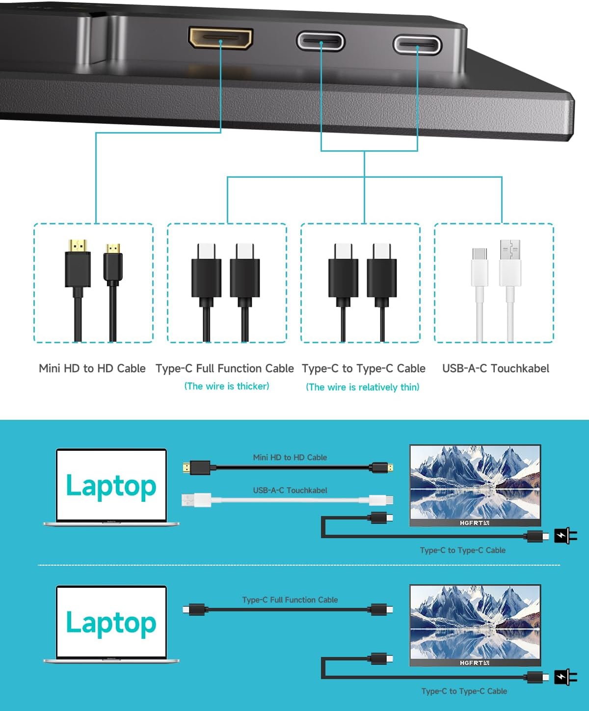 Portable Touchscreen, 15.6 inches, 1920 x 1080 FHD Portable Touch Screen 16:9, IPS, 178° Wide Angle, SRGB 80%, 60Hz, USB-C, Mini-HDMI, VESA, Two Speakers, Foldable Holder - QUORE