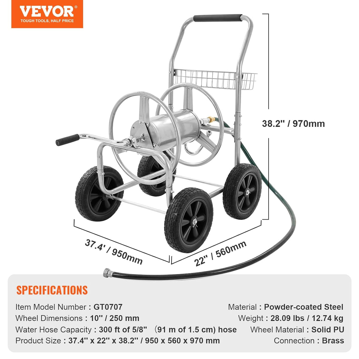 VEVOR Slanghaspelwagen, geschikt voor maximaal 90 m 5/8 inch slang, tuinwaterslangwagens, mobiel gereedschap met 4 wielen, zwaar gepoedercoat staal, buitenbeplanting met opbergmand, voor tuin, tuin,