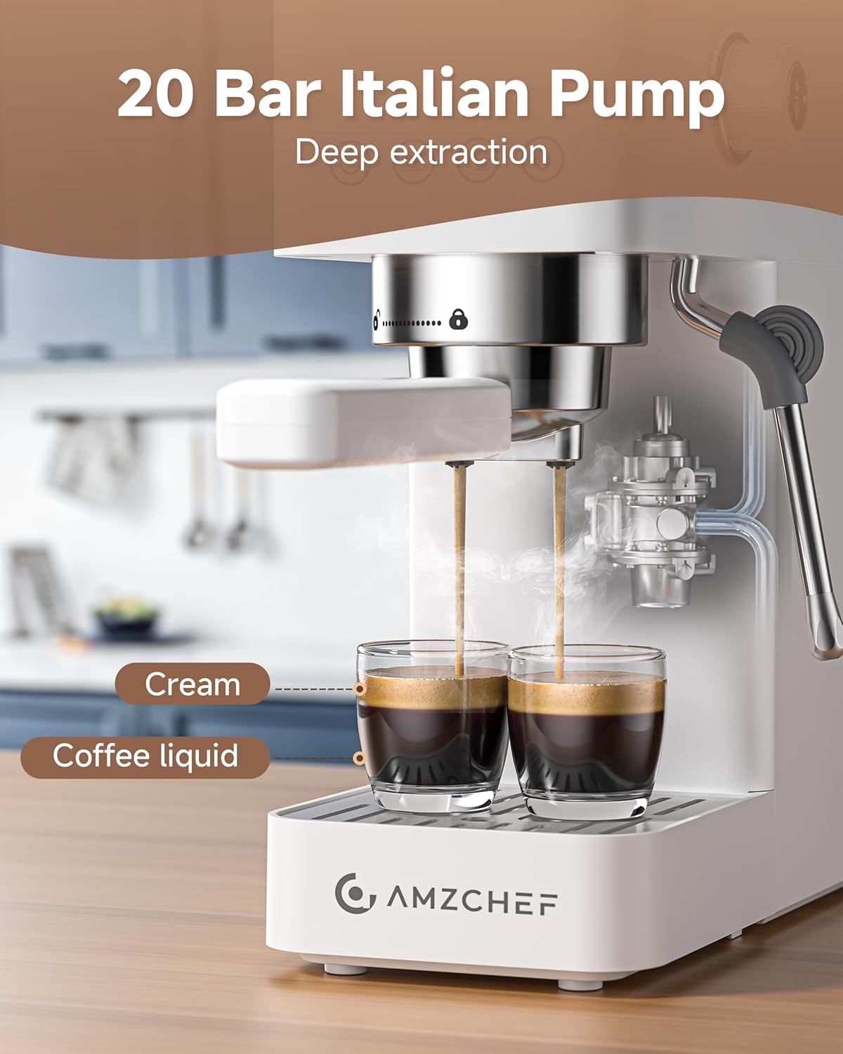 AMZCHEF Zeefdragermachine, 20 bar, espressomachine met professionele melkopschuimer, klein koffiezetapparaat, espresso voor cappuccino, latte en macchiato, 1,5 l watertank, wit