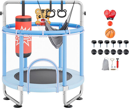 VEVOR Trampoline voor kinderen voor binnen en buiten, mini-trampoline voor peuters met veiligheidsnet en basketbalring, voor kinderen vanaf 3 jaar, 1470 x (1540-1690) mm, blauw