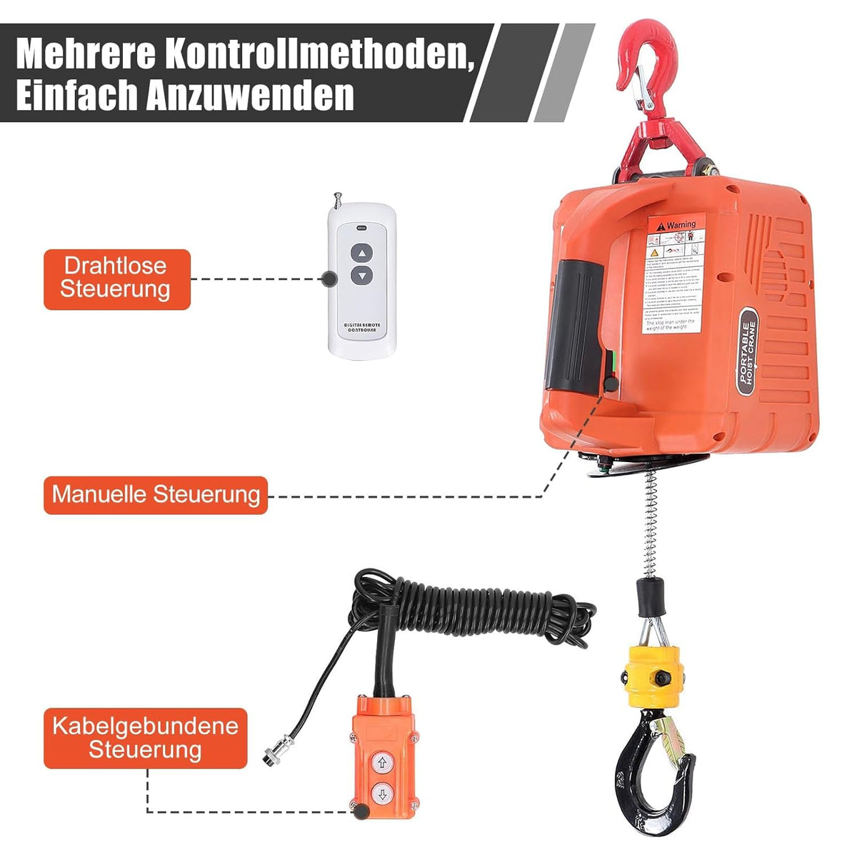Elektrische Kabellier, 500 Kg Elektronische Kabeltakel met Draadloze Afstandsbediening, Overbelastingsbeveiliging, 7,6 M, Maximale Hefhoogte 1500 W (EU-stekker 220V)