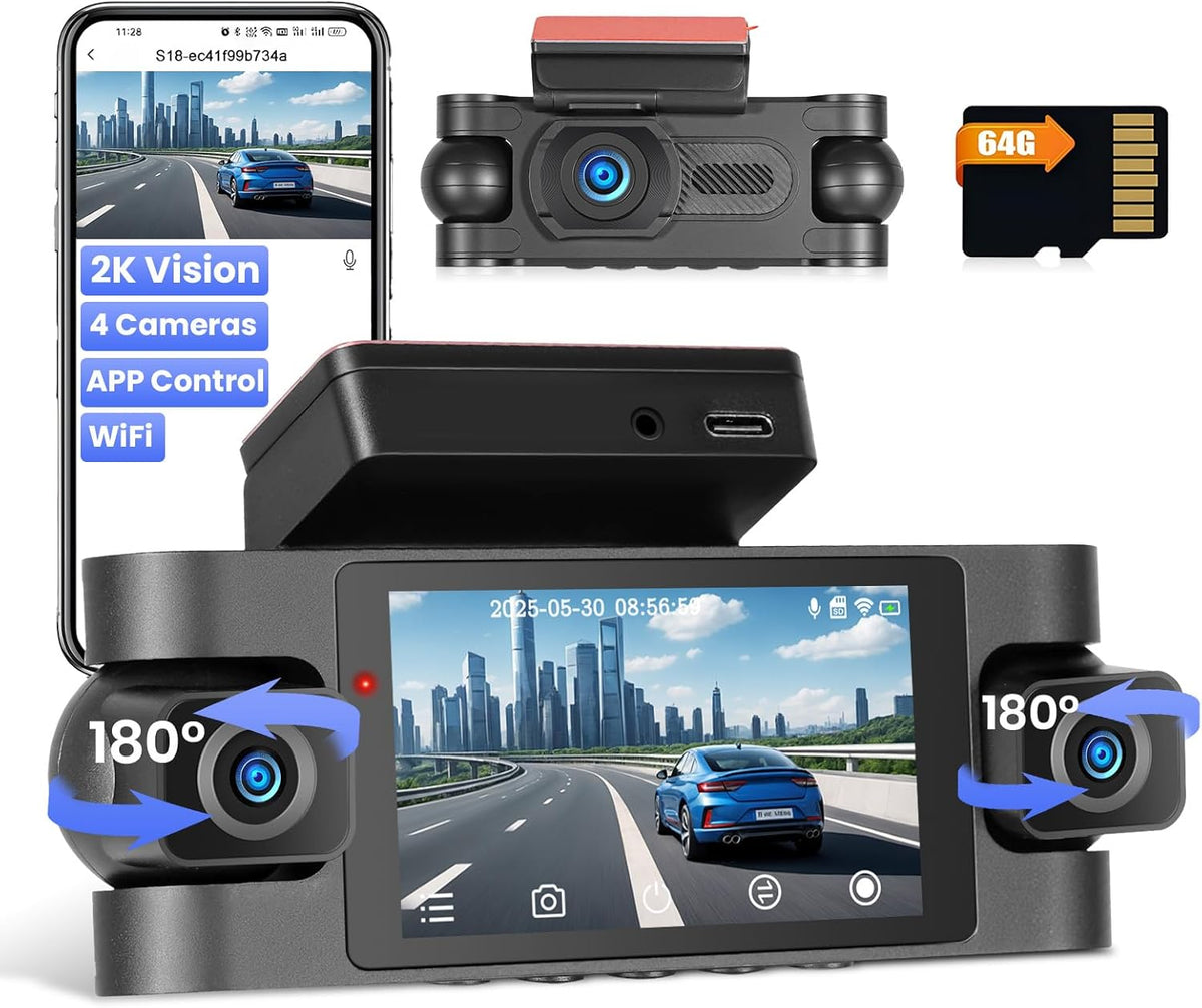 Hikity 4-kanaals dashcam, wifi dashcam 2K voor en 1080p achter binnen links rechts, autocamera met 64 GB kaart - wifi, G-sensor, loop-opname, nachtzicht, parkeerbewaking, achteruitrijassistent