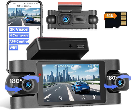 Hikity 4-kanaals dashcam, wifi dashcam 2K voor en 1080p achter binnen links rechts, autocamera met 64 GB kaart - wifi, G-sensor, loop-opname, nachtzicht, parkeerbewaking, achteruitrijassistent