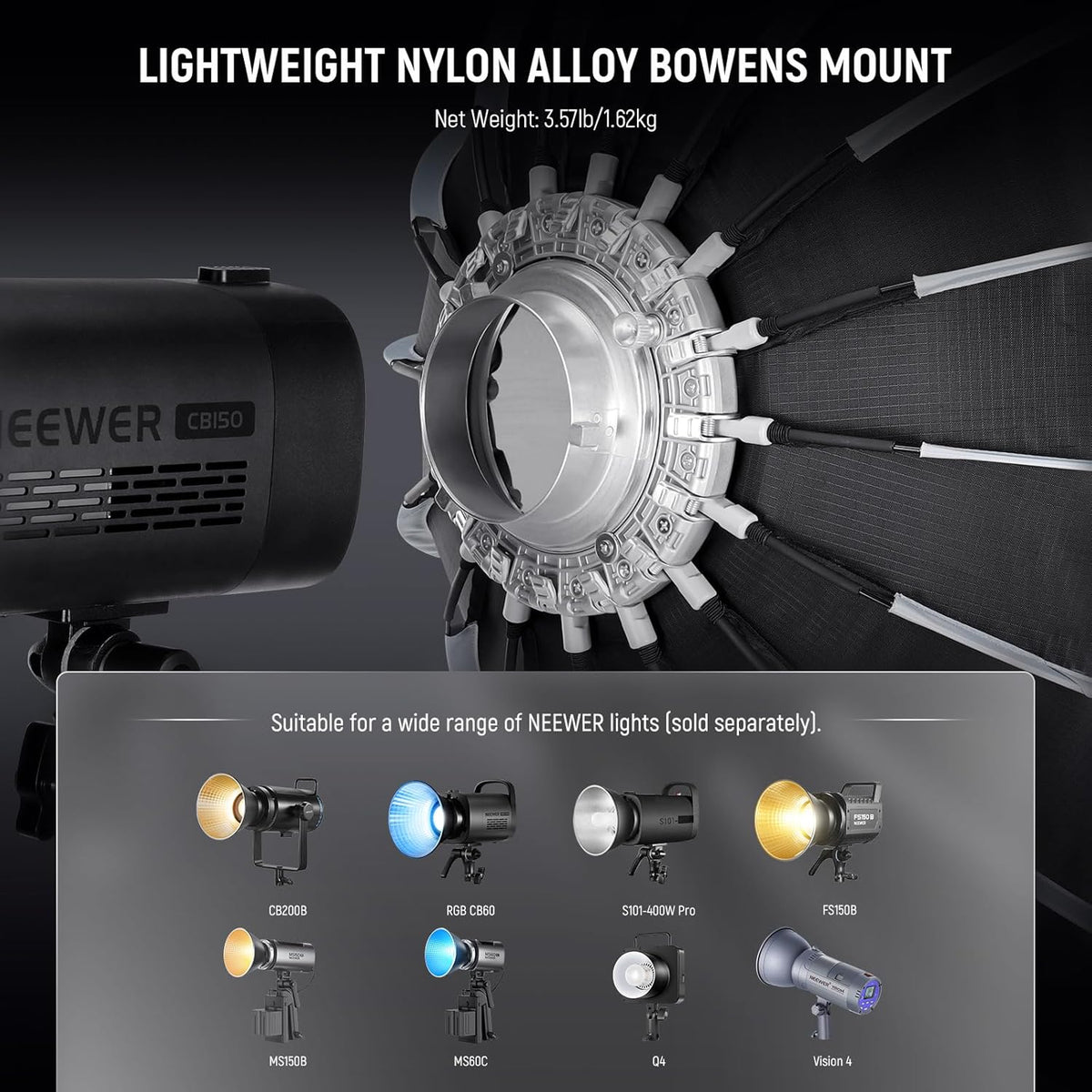 NEEWER Basics Softbox Parabolische Frame Bowens, 35,4 inch Soft Box met snelontgrendeling, lichtdiffuser/rooster/tas, compatibel met Godox, compatibel met Aputure 600d Studio videoverlichting, NS38P