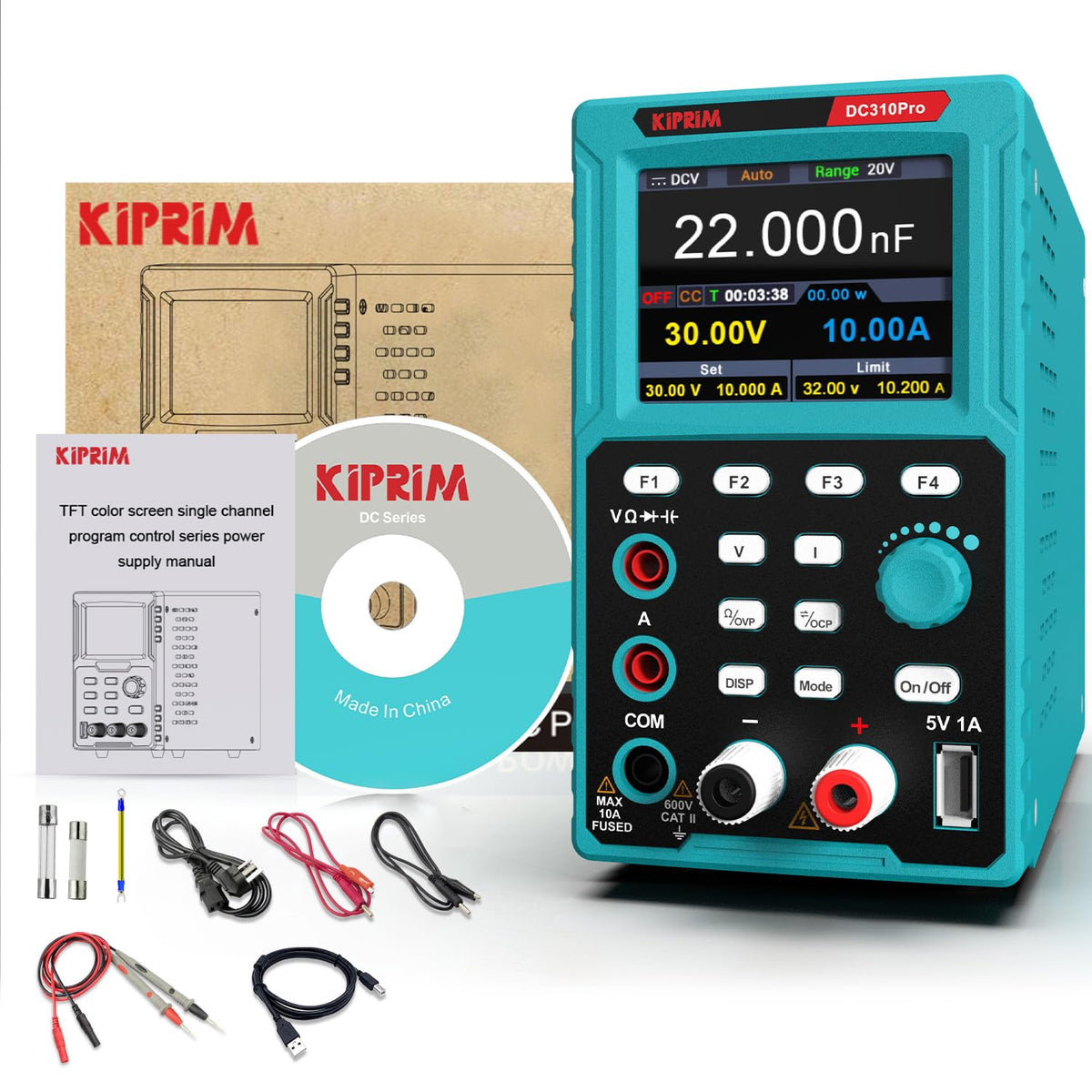 Programmeerbare labvoeding en multimeter 2 in 1 (0-30V, 0-10A) Labvoeding met datageheugen, hoge precisie, OCP, OVP, PC-software en DC310Pro USB-opladen