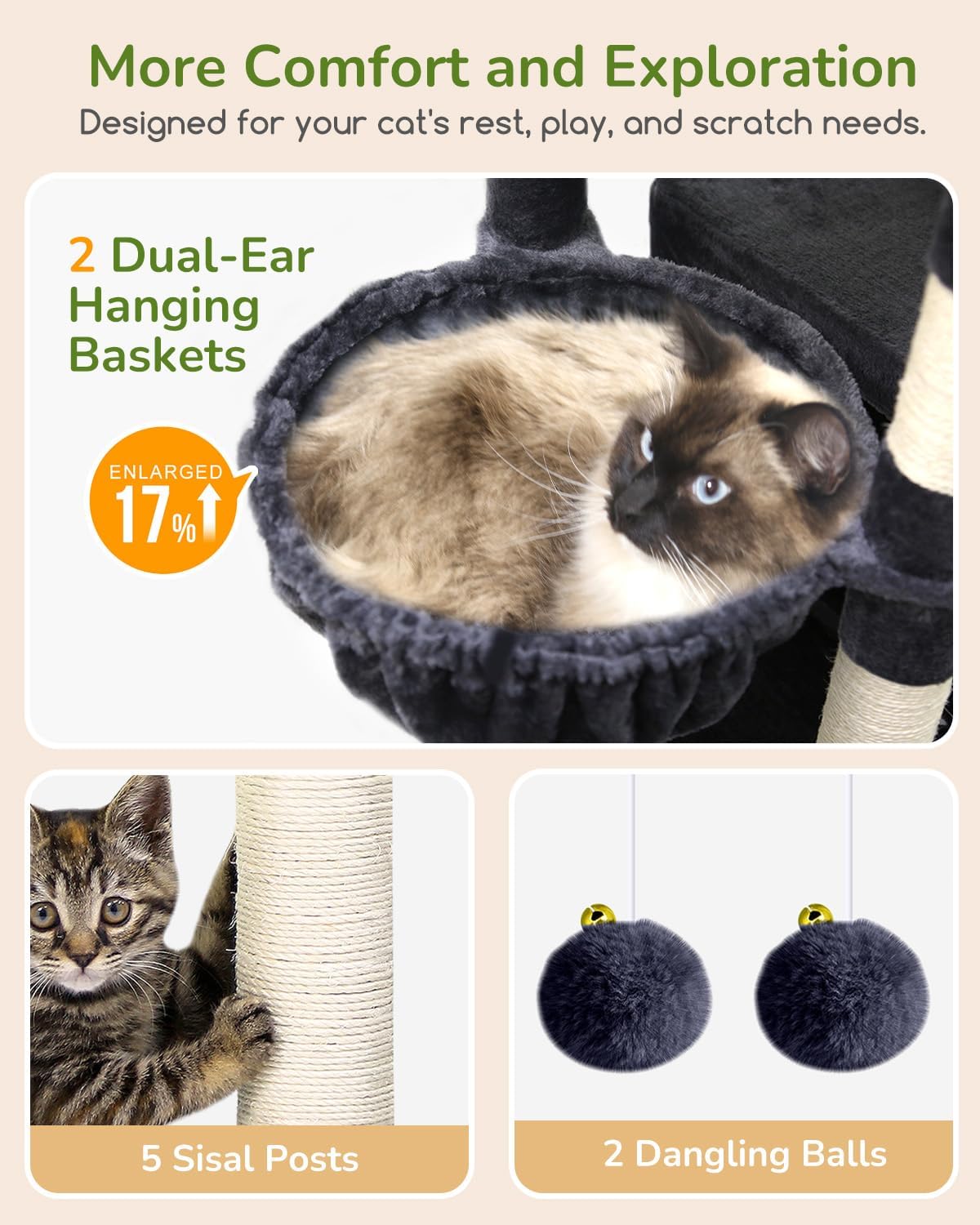 Krabpaal – Kattenboom – Kattenhuis – Kattenmand – Krabmeubel – Donkergrijs – 188 cm Hoog – 2 Grote Kattenhuisjes Met Platform