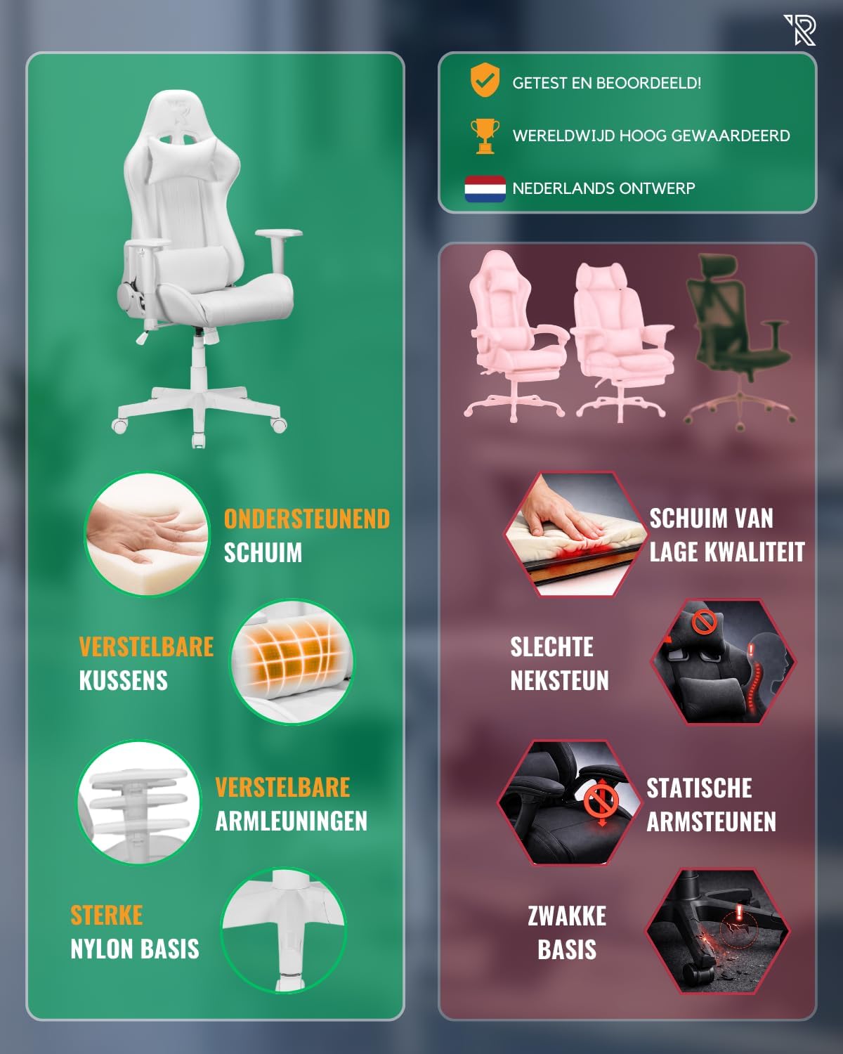 Felix gamestoel - 360° bureaustoel, Verstelbare Armleuningen, Verstelbare Rugleuning, Afneembare en verstelbare kussens, Ergonomische Gaming Chair, Stabiel Metalen onderstel, Gaming Stoel - Wit