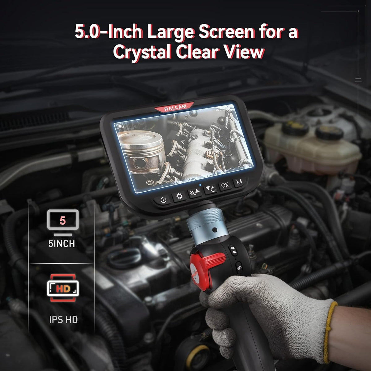 Ralcam Endoscoopcamera met licht, endoscoopcamera met 180° beweegbare kop, 8,5 mm dual-sonde, 5 inch HD-display, inspectiecamera, IP67 waterdicht, buiscamera met 3M halfharde kabel en 6+1 leds