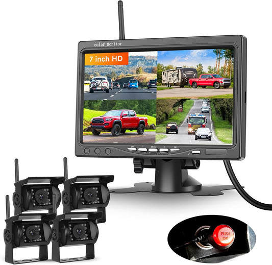 4 x draadloze achteruitrijcamera met 7 inch IPS-monitor, BSD-systeem, quad-scherm, parkeerhulp, achteruitrijcamera voor auto AHD 1080p met nachtzicht/IP68 voor SUV