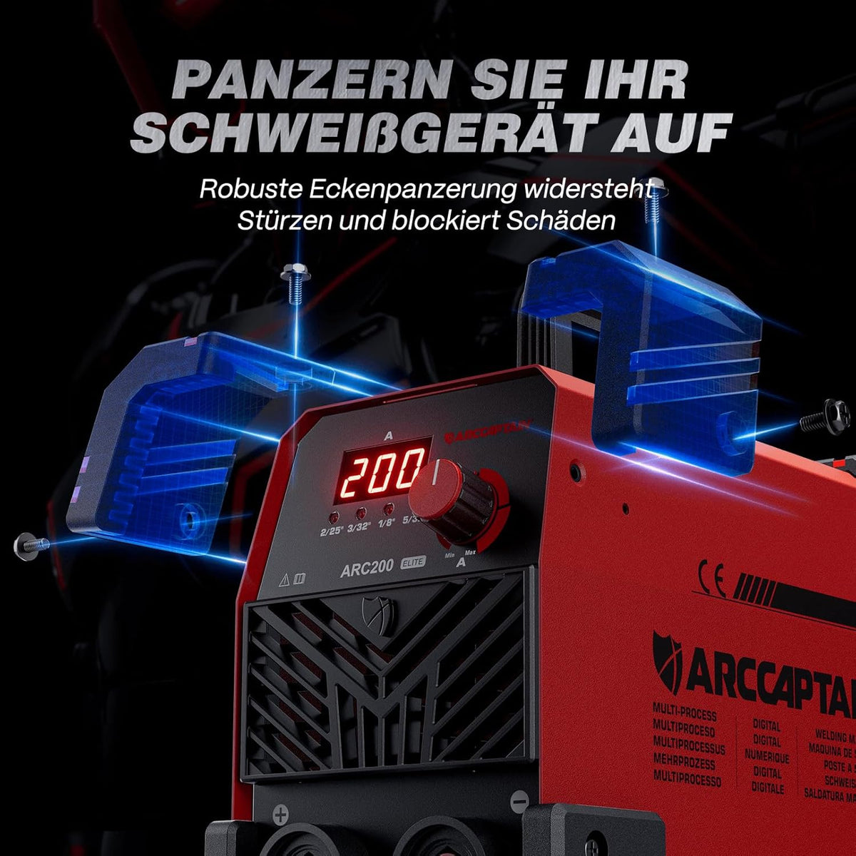 ARCCAPTAIN Elektrodenlasapparaat 200 A met groot led-display, inverter-lasapparaat ARC met en IGBT-inverter, draagbaar laserlasapparaat, 230 V met hete start, boogkracht