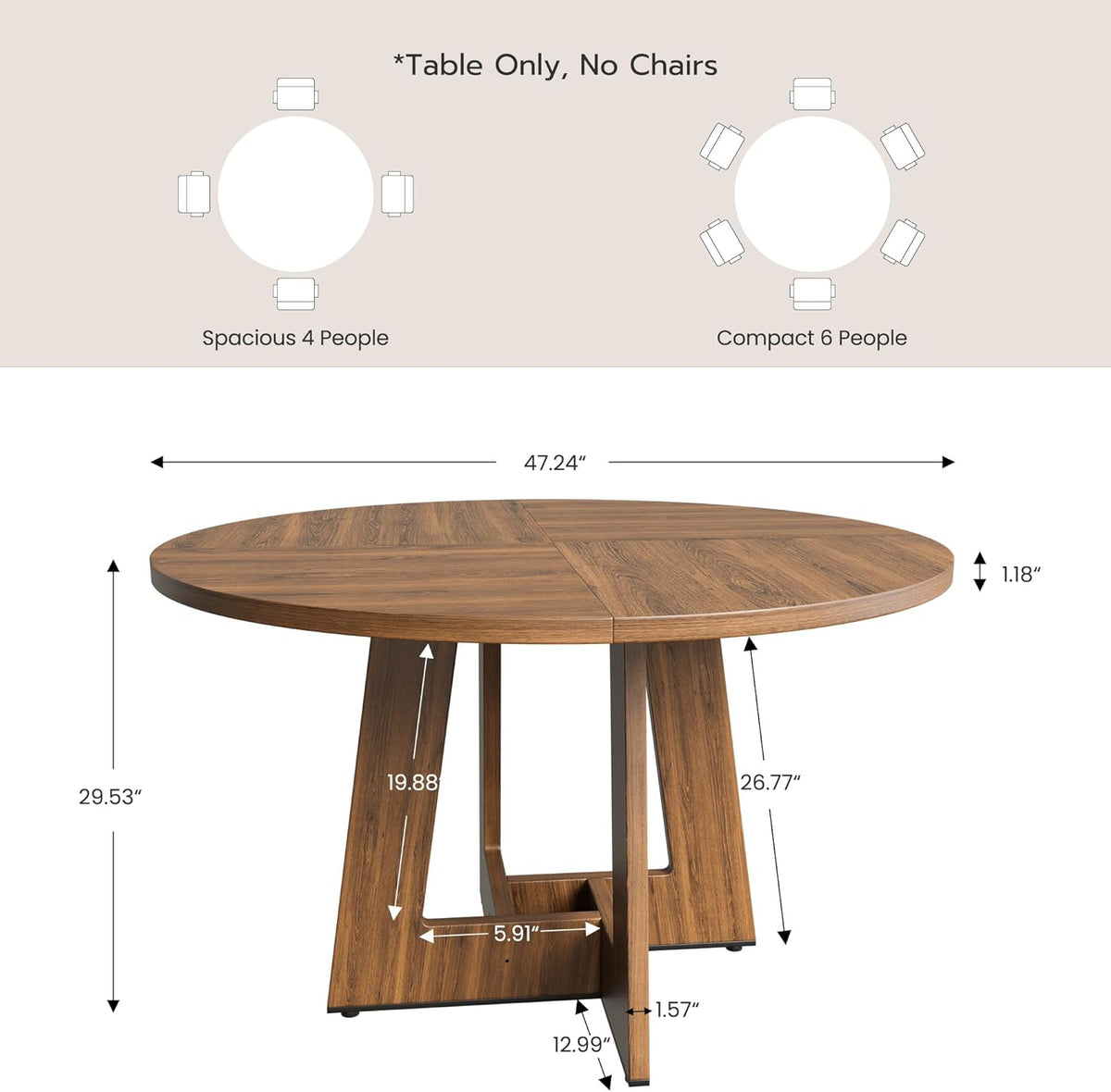 YOUDENOVA Round Dining Table 120 cm, Wooden Dining Table for 4-6 People, Rustic Kitchen Table Aesthetics with Modern Geometry Juncture Base, Rustic Brown (without Chairs) - QUORE