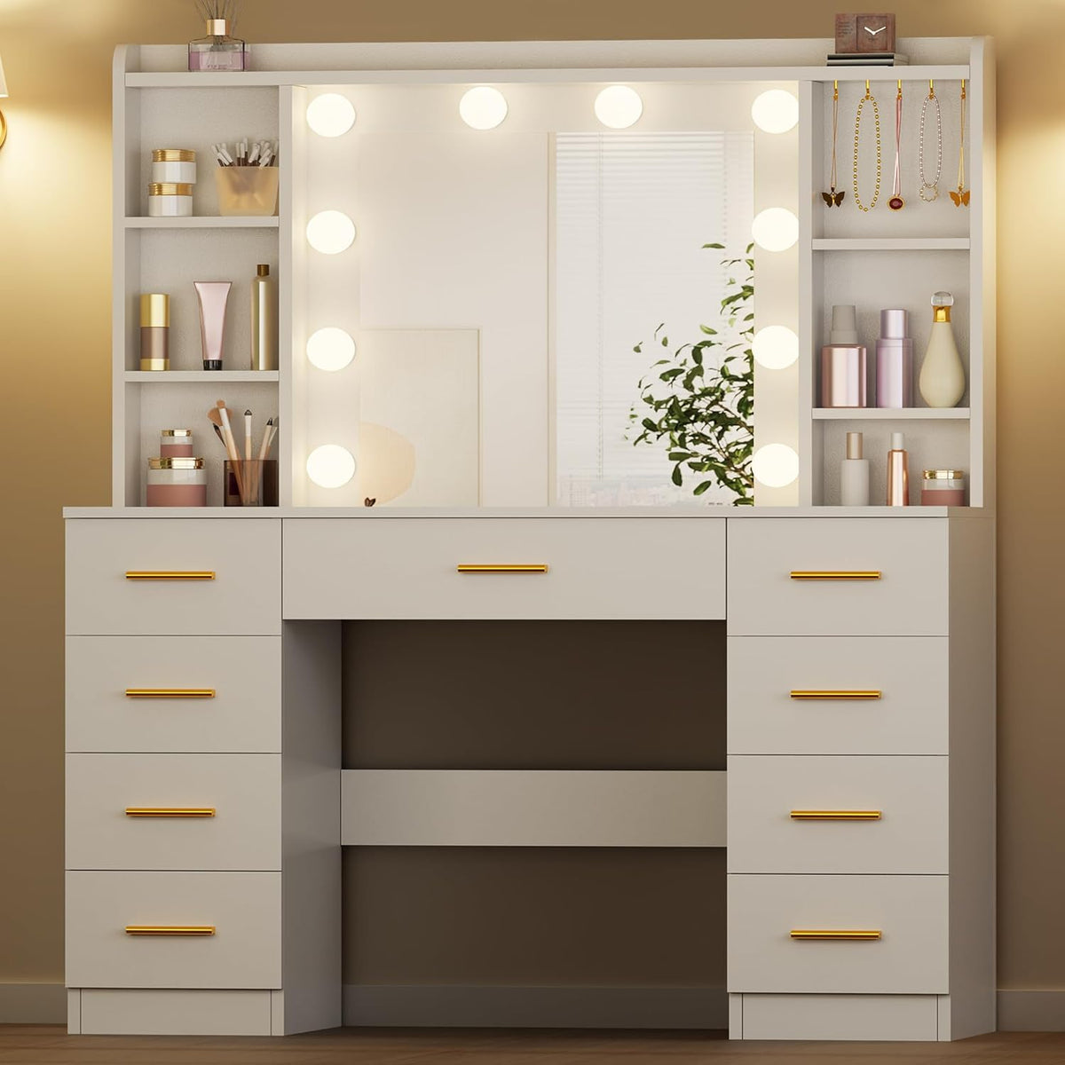 ANWBROAD Large LED Dressing Table, 3 Colours, Adjustable Brightness, Vanity Table with Mirror, Dressing Table with 9 Drawers, 6 Open Shelves, 5 Jewellery Hooks, Modern White BDT89W - QUORE