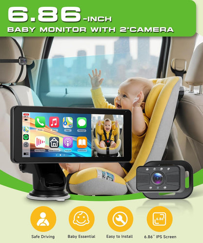 Dual Baby Car Camera for 2 Children with 6.86 Inch Split Screen HD 720P with Carplay Android Car, 360° Rotatable Night Vision, Safety Car Seat Mirror Camera, Suction Cup Holder, 64G SD - QUORE