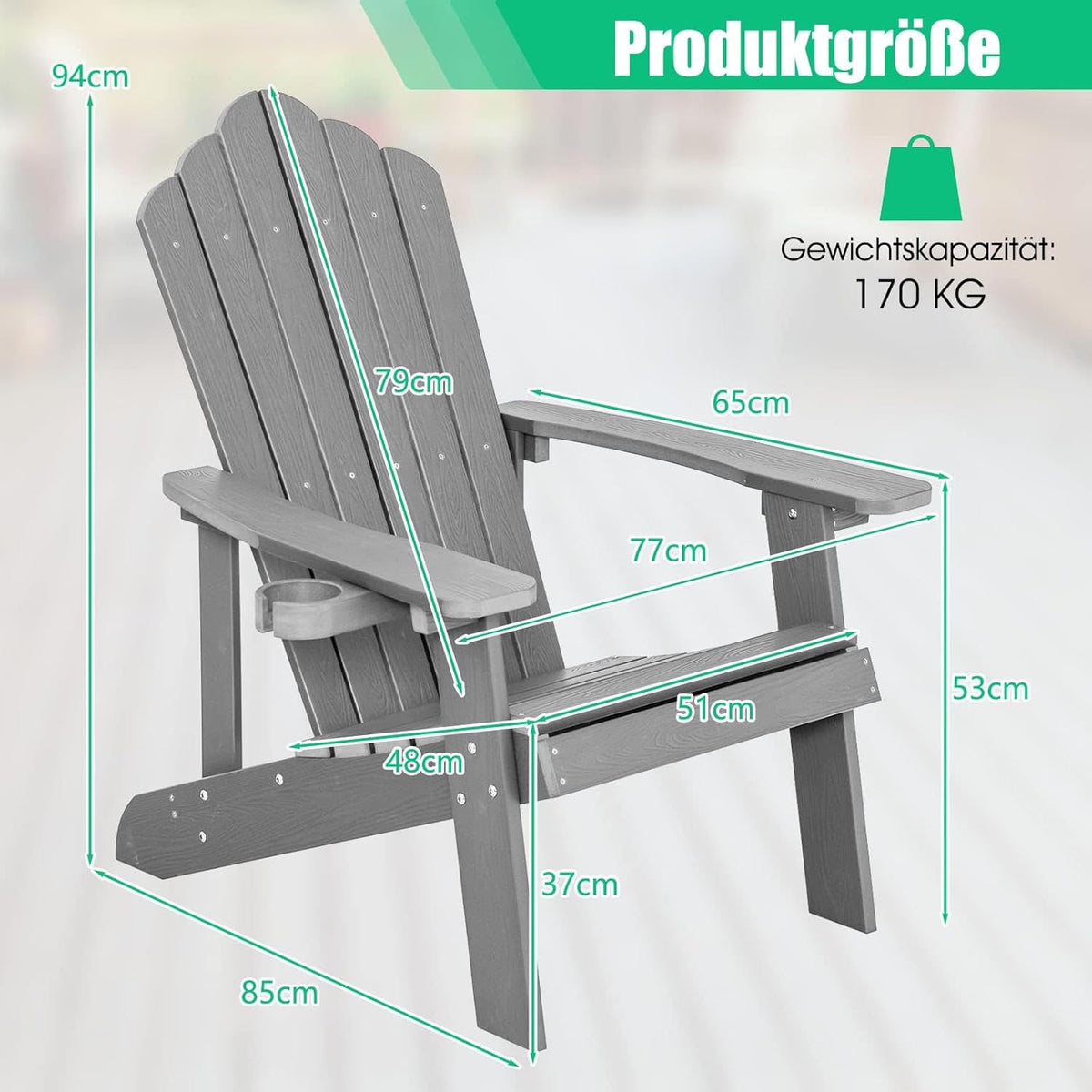 FANTASK Adirondack stoel met bekerhouder, weerbestendige tuinstoel, tuinstoel van kunststof, 170 kg draagvermogen, lichtgrijs