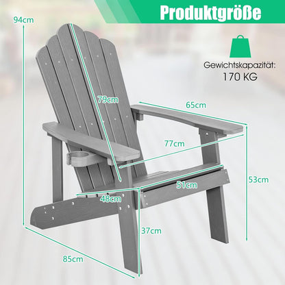 FANTASK Adirondack stoel met bekerhouder, weerbestendige tuinstoel, tuinstoel van kunststof, 170 kg draagvermogen, lichtgrijs