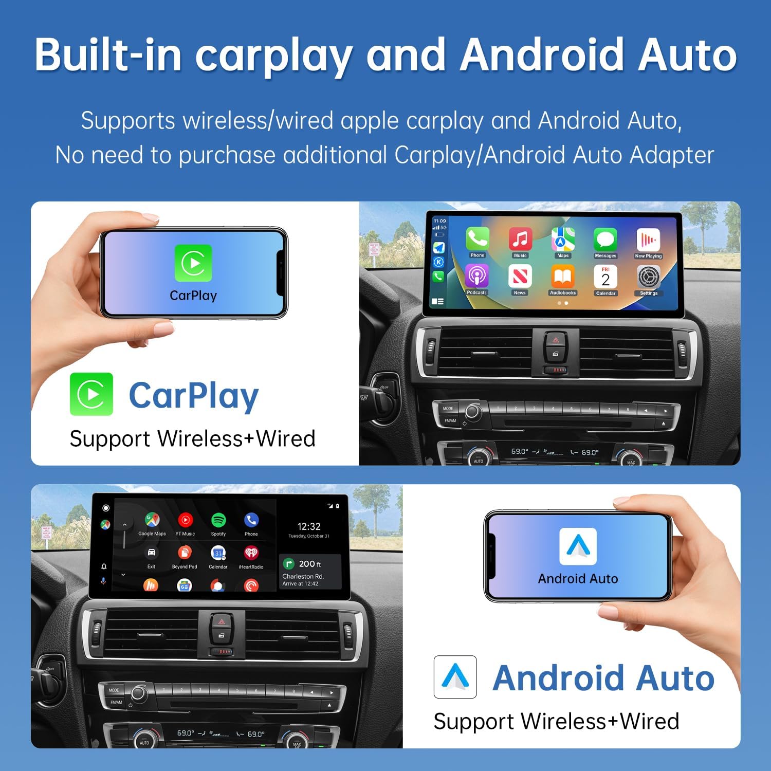 Road Top CarPlay Screen, 12.3 inch Car Radio Touch Screen for BMW 1/2 Series F20/F21/F22/F23 with NBT System (2013-2015 year), Car Stereo with Narrow Edge, Compatible with CarPlay/Android Car/MirrorLink - QUORE