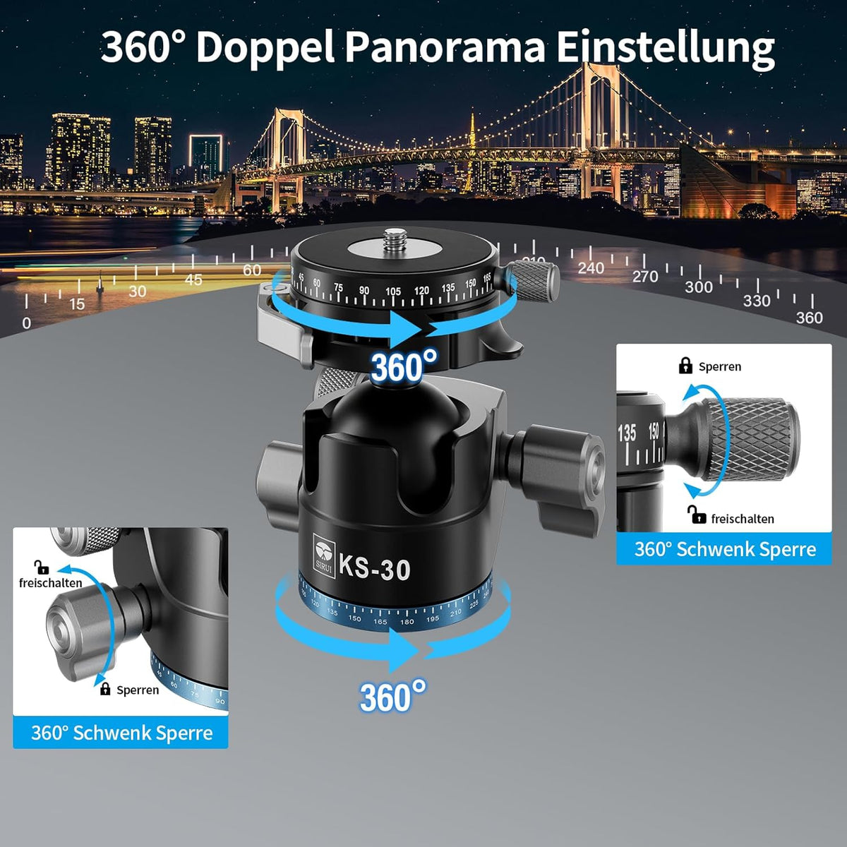 SIRUI 36mm Low Profile Ball Head KS-30, 360° Double Panoramic Aluminium Alloy Tripod Head for Camera, Camcorder, Professional Heavy Duty Ball Head for Tripod, Monopod, Camera Slider, Max Load 20KG