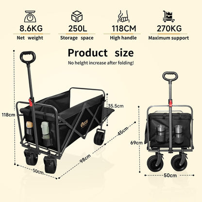opvouwbare kinderwagen, multifunctionele opvouwbare kinderwagen met offroad-wielen, draagbaar voor kamperen, tuinieren, winkelen en sport (Zwart, 270 kg 250 liter)