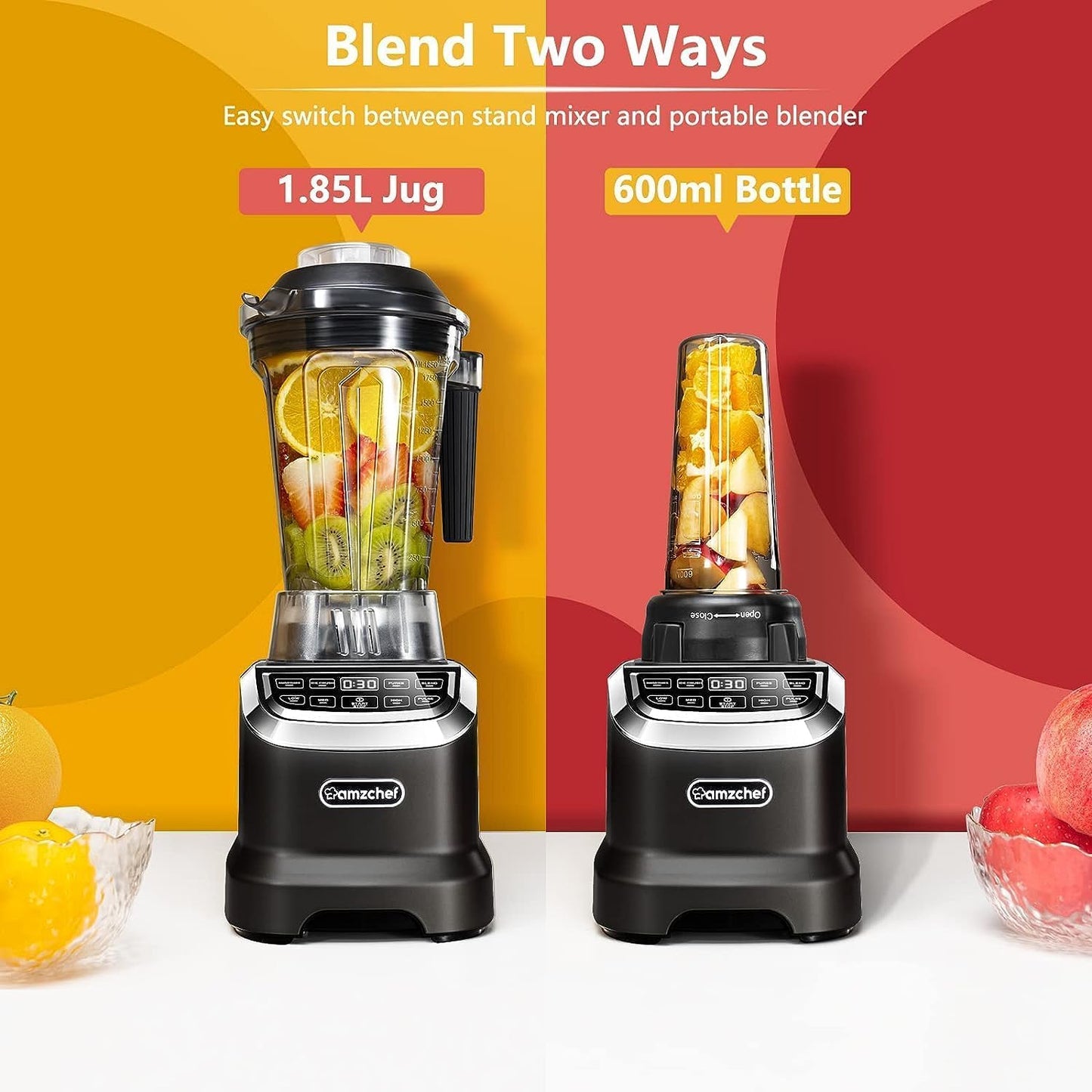 AMZCHEF Blender Smoothie Maker Twee Blending Containers - Smoothiemaker High Performance Mixer met LED - 1200W 20000 RPM Elektrische Juicer Blender - 6 Pro-Sharp 3D Blades - Zwart