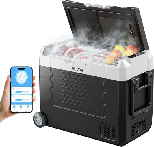 VEVOR Draagbare autokoelkast met compressor, inhoud 45 liter, koelcontainer met dubbele zone, temperatuur tussen -20 tot 20 °C, app-bediening, mini-koelkast voor auto, caravan, camping, vissen
