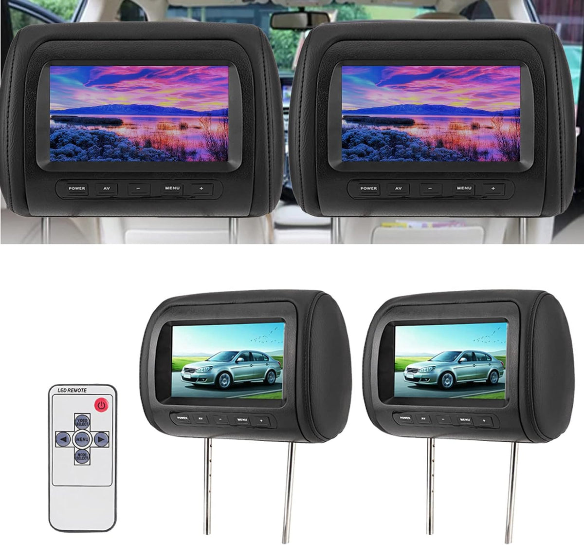 7 Inch LCD-scherm voor Autohoofdsteun, 2 Stuks 16: 9 800 X 480 Breedbeeld, Ondersteuning voor 2 Video-ingangen, Universele Autohoofdsteunmonitor met Draadloze Afstandsbediening,