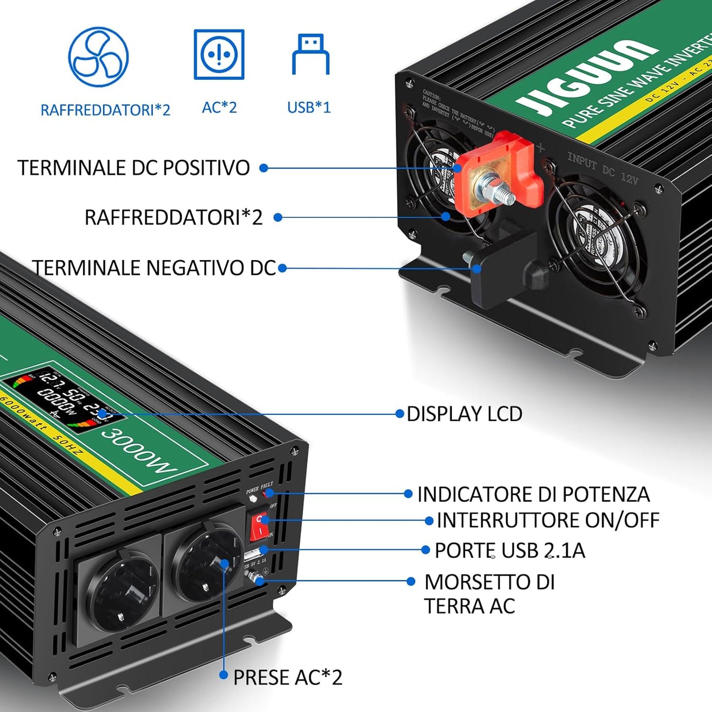 JIGUUN 3000W omvormer 12v naar 230v zuivere sinus inverter met draadloze afstandsbediening LCD-scherm 2 Eu-stopcontact & 1 USB-poort Piekvermogen 6000W voor auto, camping, reizen (3000W12V)