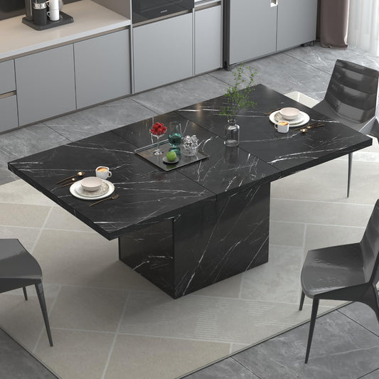 HSH Zwarte Faux Marmeren Eettafel, 63" Moderne Eettafel voor 6 Personen, Boerderij Rechthoekige Keuken Tafel voor Woonkamer, Lange Houten Eetkamer Tafel met Sterk Sokkel, Zwart Marmer, 63"