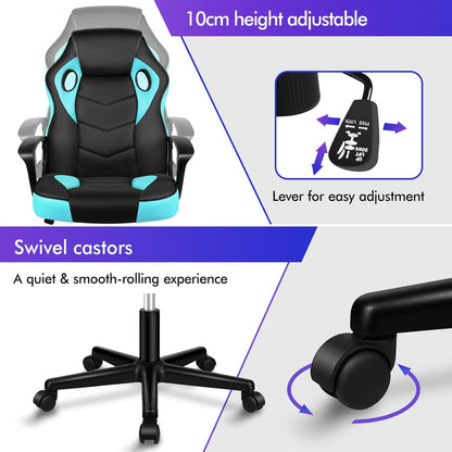 ALFORDSON Gamingstoel, PC-computer racestoel, ergonomische draaibare bureaustoel met wielen van PU-leer en stof voor thuisgebruik, cyaan