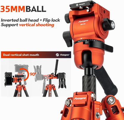 Koolstofvezel Statief – Camerastatief – Reisstatief – Videostatief – Monopod – Oranje – Lichtgewicht 1,65 Kg – 2-In-1 Tot 183 Cm