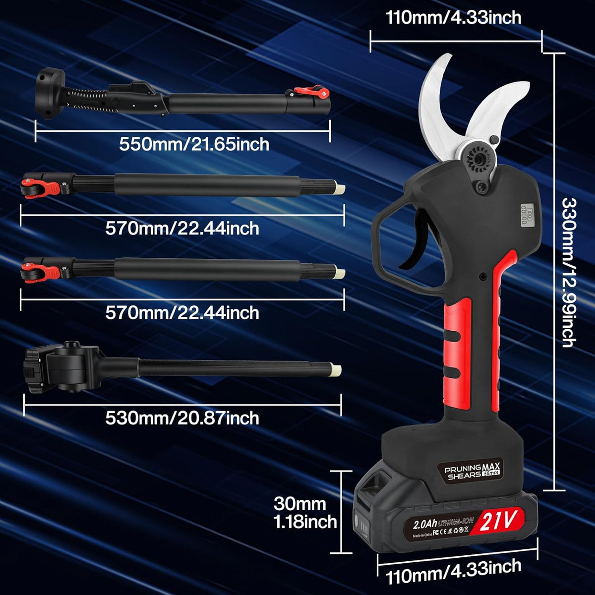 NUZEKY Elektrische Takkenschaar: Bypass, Zwart, 5 cm, 2.3 kg, 2 Ah Lithium, 40 mm Takken, Draadloos, 2 m Verlengstang
